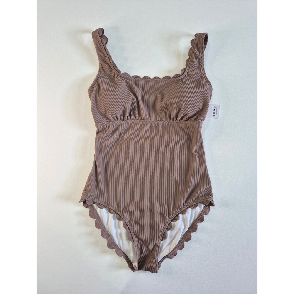 Charmo  Ribbed‎ Scalloped One Piece Swimsuit Mauve Brown Cutout Back Size Small
